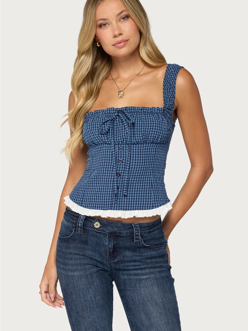 Edikted Navy Blue Gingham Smocked Tie-Front Camisole with White Lace Zeffie